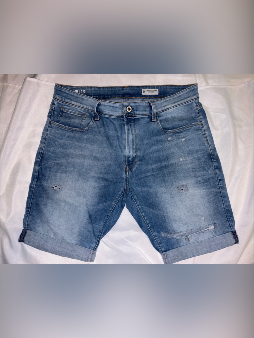 G Star Raw 3301 Light Blue Distressed Denim Shorts size 38